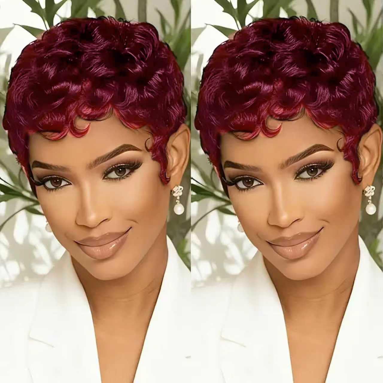 Tgezer Short Curly Pixie Cut Wigs for Black Women Pixie Cut Wig Human Hair Chic Elegent Wig with Bangs Burgundy Dark 99j Color Natural Looking Glueless Full Machine Made Short Human Hair Wig