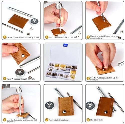 Miniatura 7 de Queta 480 juegos de remaches de cuero de doble tapa, 3 tamaños y cuatro colores (oro, plata, bronce y plomizo), buena herramienta de fijación para