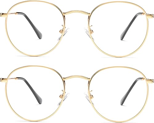 Vintage Round Metal Glasses Frame with Clear Lens, 2 Pack Women Men Non-Prescription Eyeglasses