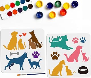 MAYJOYDIY 2pcs Cat Dog Stencils 11.8×11.8inch Love Pet Animal Stencil with Paint Brush Reusable Dog Paw Print Bone Dog Bowl Template for DIY Craft Canvas Wall Wood Home Decor