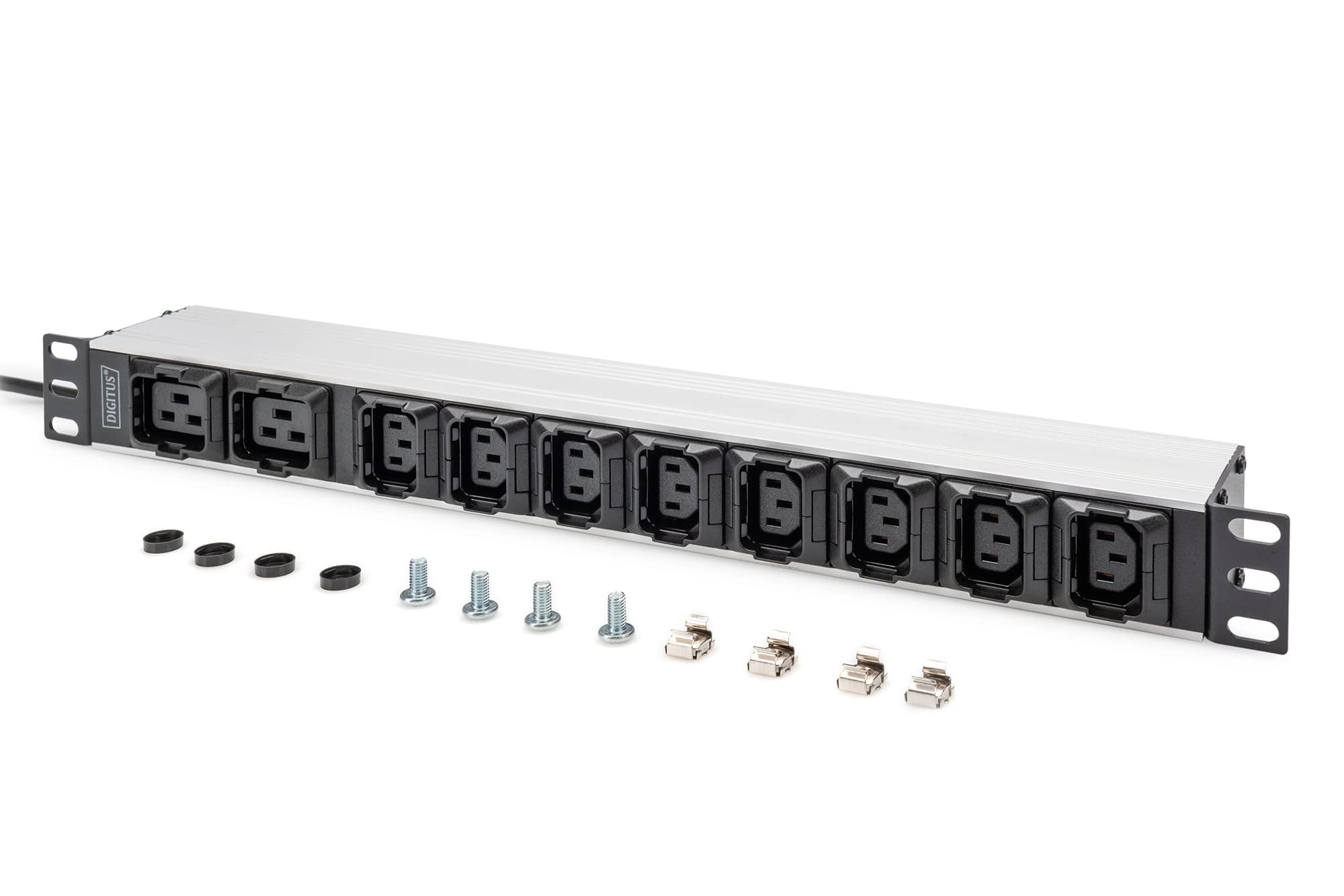 DIGITUS Regleta de 19" - 10 tomas - 8x C13 & 2x C19 - Enchufe C20 -1HE - 250VAC - 50/60Hz - 10A | Protección extraíble – 1U – 16 A – para armarios de red y servidores de 19 pulgadas