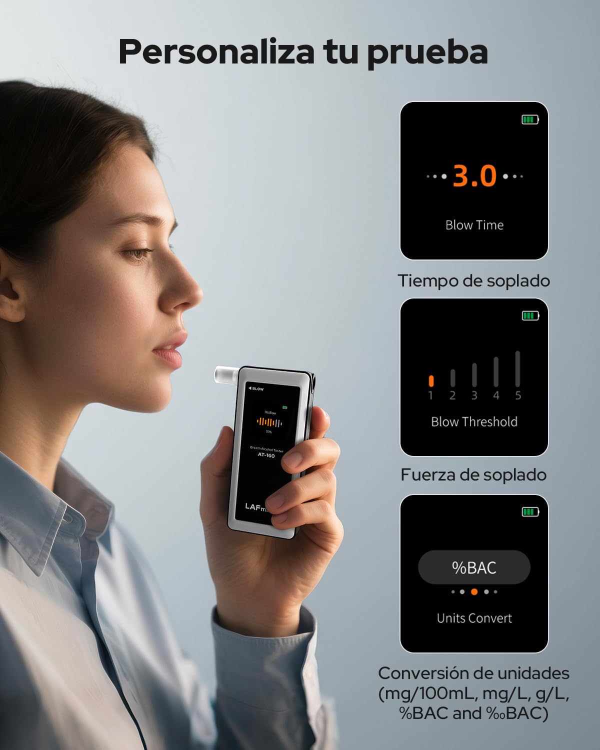 Alcoholímetro AT-160, Alcoholímetro de Alta Precisión con Umbral de Alarma Ajustable, Pantalla LCD, Memoria de Pruebas y 10 Boquillas Incluidas – Ideal para Uso Doméstico