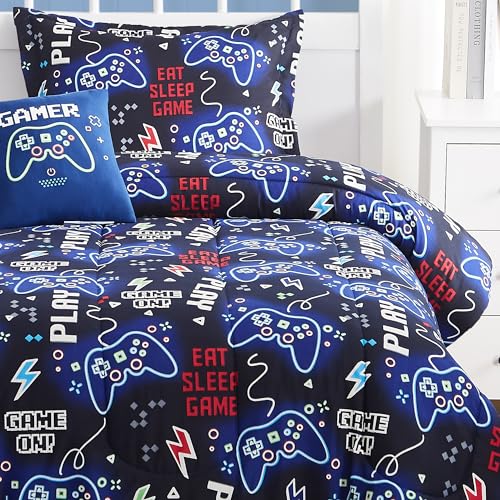Kids Comforter Set Full Size for Boys, Glow in The Dark Gamer Bedding Set 1 Comforter, 1 Decor Pillow, 2 Pillow Shams