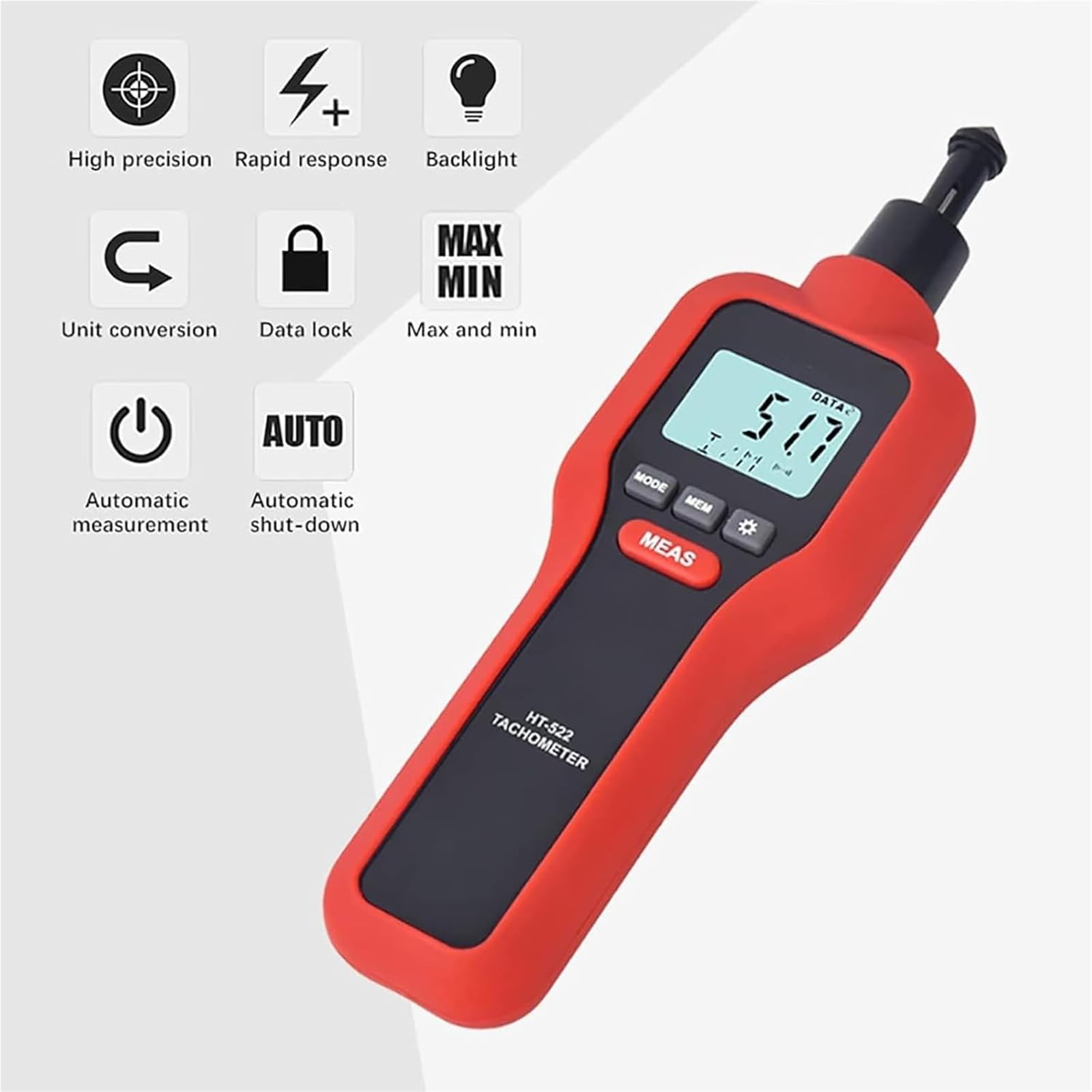 Generisch 2-in-1-Drehzahlmesser, kontaktbehafteter und berührungsloser Drehzahlmesser, großes LCD-Display, klare Messwerte, Kontaktbereich: 2–20.000 U/min, optoelektronischer Bereich: 2–99999 U/min