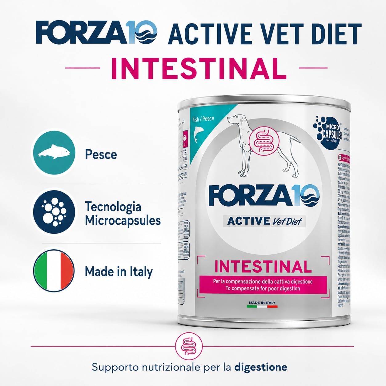 Intestinal Pesce – Forza10 Diet Cibo Umido per Cani Adulti di tutte le Taglie e Razze, Monoproteico,Cattiva Digestione,6 Lattine x 400g, Alimento Completo.