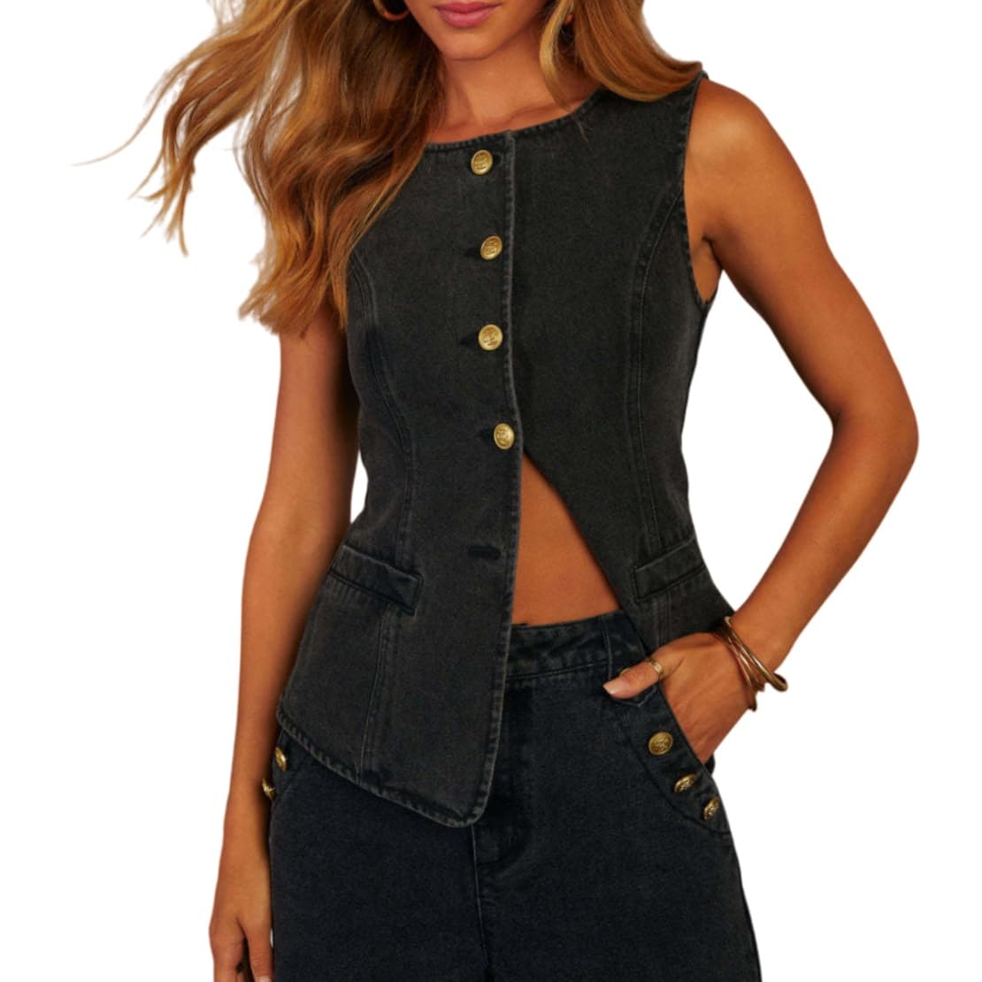 Chaleco Mujer Chaleco Largo De Mezclilla Para Mujer Elegante Sin Mangas Tipo Blazer Chaleco Con Botones Dorados Cuello Redondo Ajustado Estilo Vaquero Top Largo Informal Chalecos Para Mujer