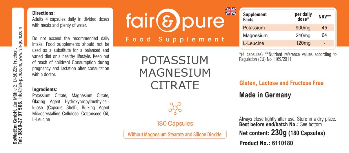Fair & Pure® - Potassio e magnesio in capsule - Citrato di magnesio e citrato di potassio - Vegan - Minerali essenziali - 180 Capsule