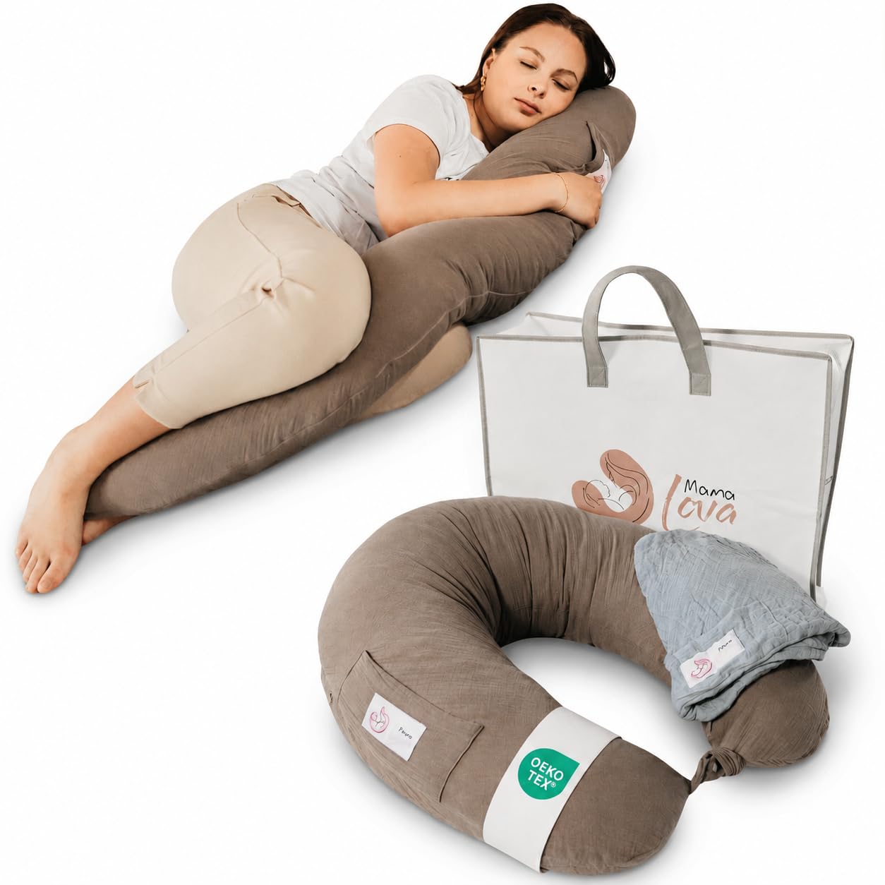 Mama Lova | Coussin de Grossesse et Coussin Allaitement Mémoire de Forme – Oreiller Ergonomique Gaze de Coton avec Housse de Rechange, Pochette & Sac. Cadeau Femme Enceinte, Coussin d’Allaitement
