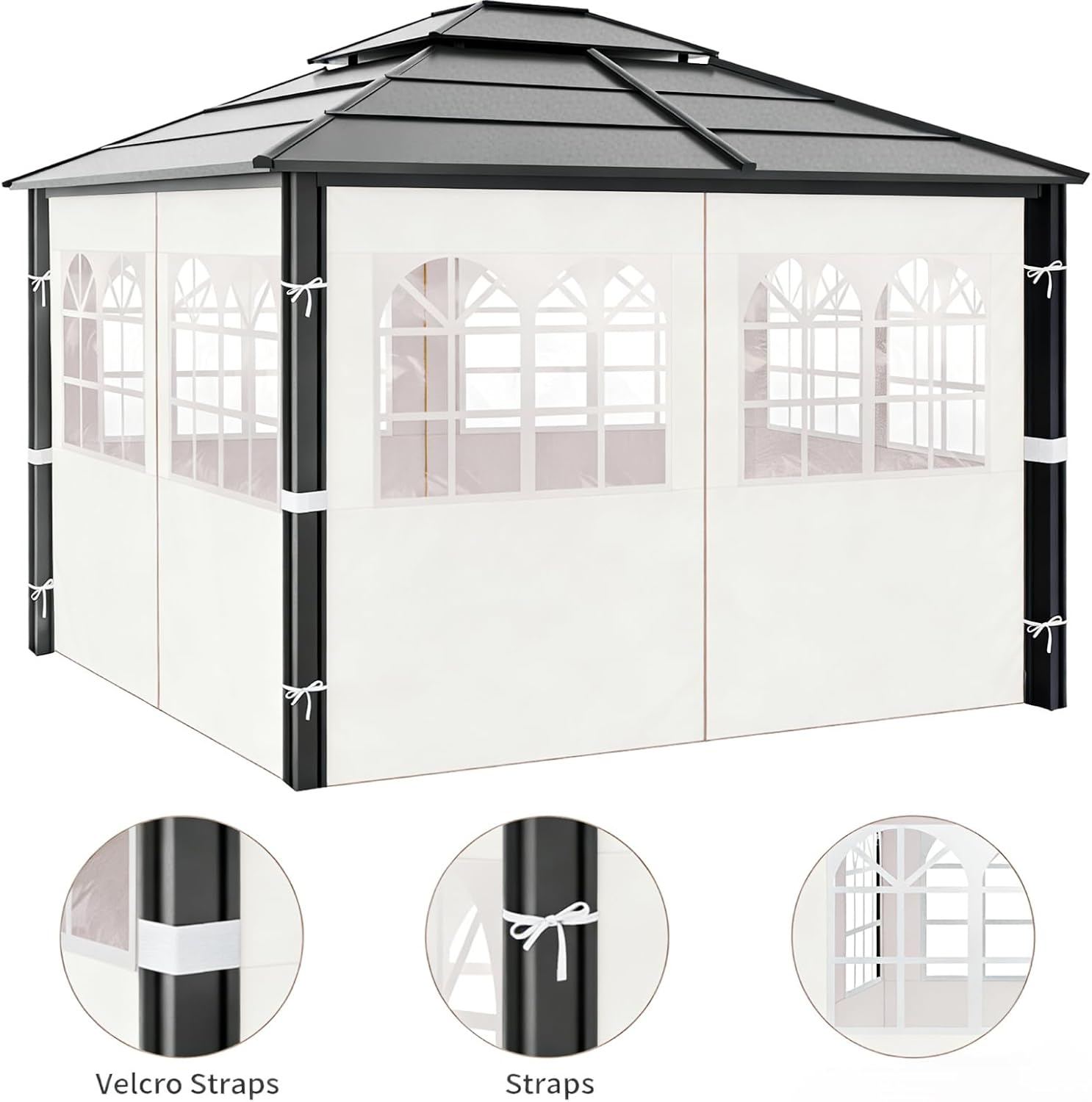 10'x12' Gazebo Curtains Outdoor Waterproof with PVC Windows, 4-Panel Sidewalls Universal Replacement Privacy Curtain, Outdoor Curtains for Patio, Backyard (White)