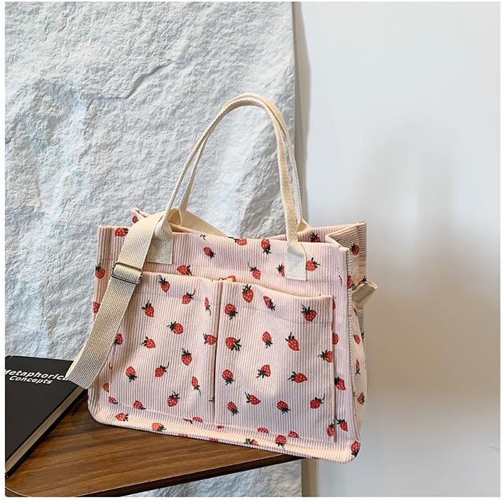 Strawberry Tote Bag for Women with Pockets Corduroy Crossbody Shoulder Handbags Purse for Work - Image 3
