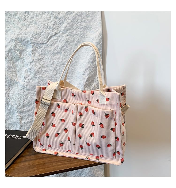 Image of Strawberry Tote Bag for Women with Pockets Corduroy Crossbody Shoulder Handbags Purse for Work