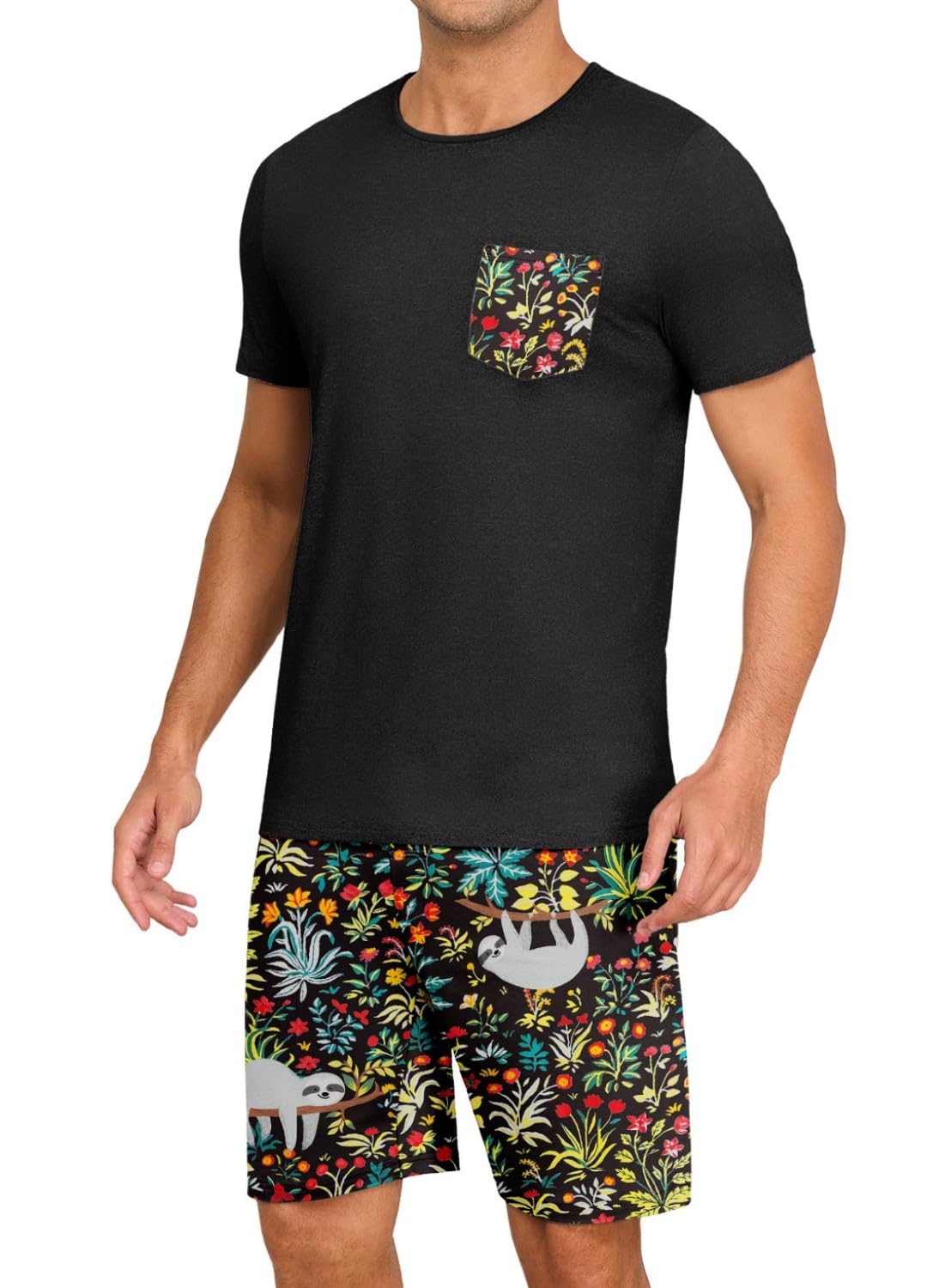 PrinStory Pigiama corto da uomo con scollo rotondo, maglietta e pantaloncini a contrasto