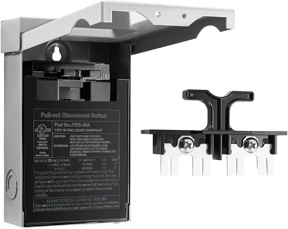 30A 120/240V Outdoor AC Disconnect Switch Waterproof Galvanized Steel Enclosure Lockable Design Pull-Out Handle For Air Conditioning Units Easy Install Weather Resistant Grey