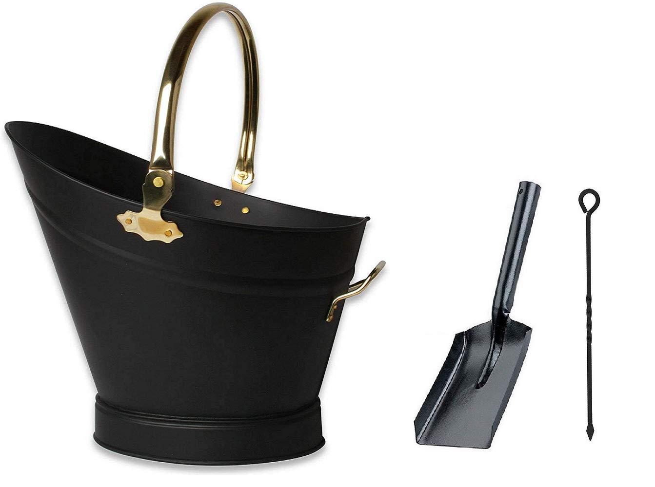 Srendi Black & Brass + Shovel&Poker Heavy Duty Metal Fireside Waterloo Bucket Fireplace Hod Scuttle Coal Fuel Ash Wood Log Storage Option With Shovel And Poker (Black & Brass + Shovel&Poker)