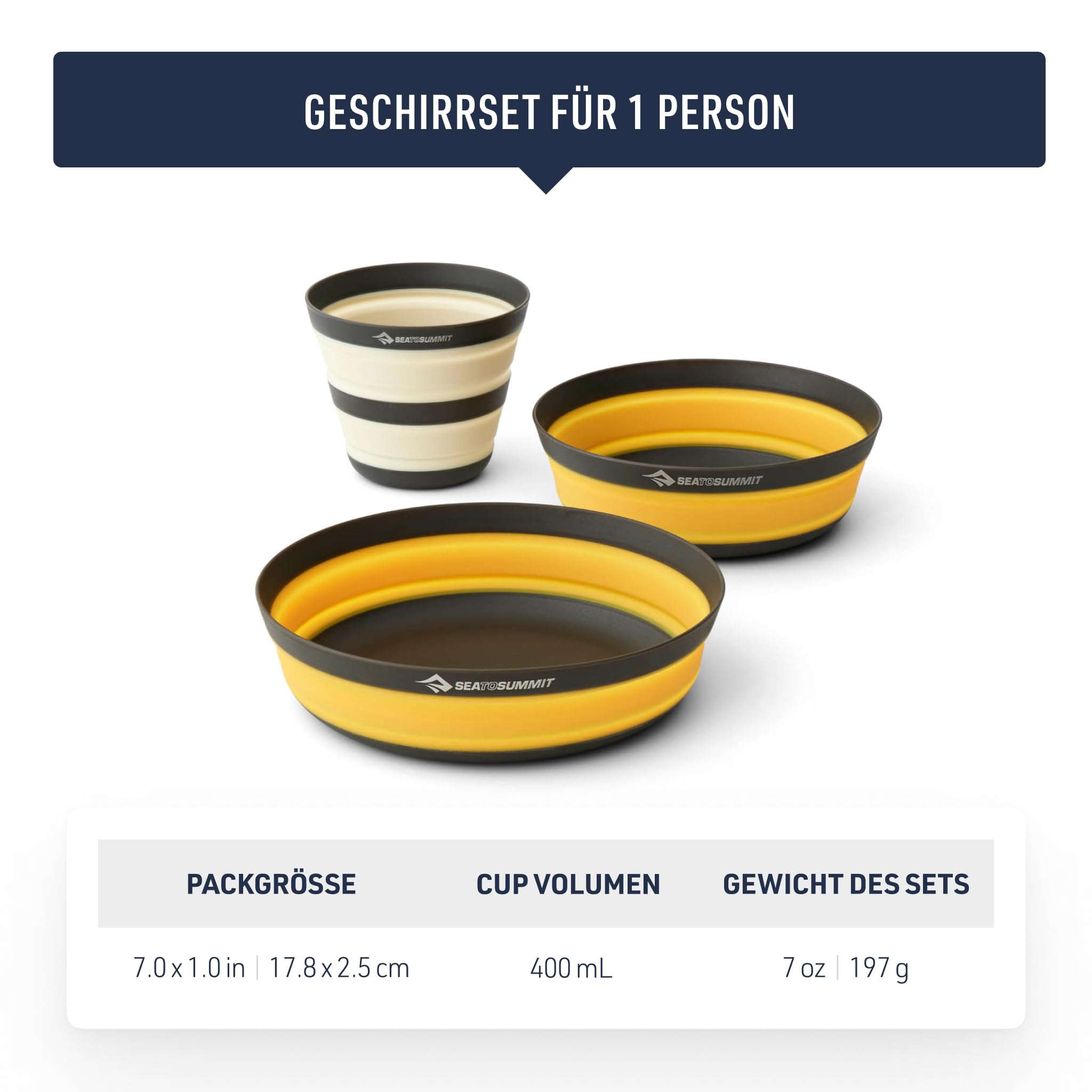 SEA TO SUMMIT - Frontier Dinnerware Set - Ultraleichtes, zusammenfaltbares Geschirrset - 1 Person, 3-teilig - 1 Camping-Becher, 1 mittelgroße & 1 große Schüssel - BPA-frei - aus Silikon - 197 g