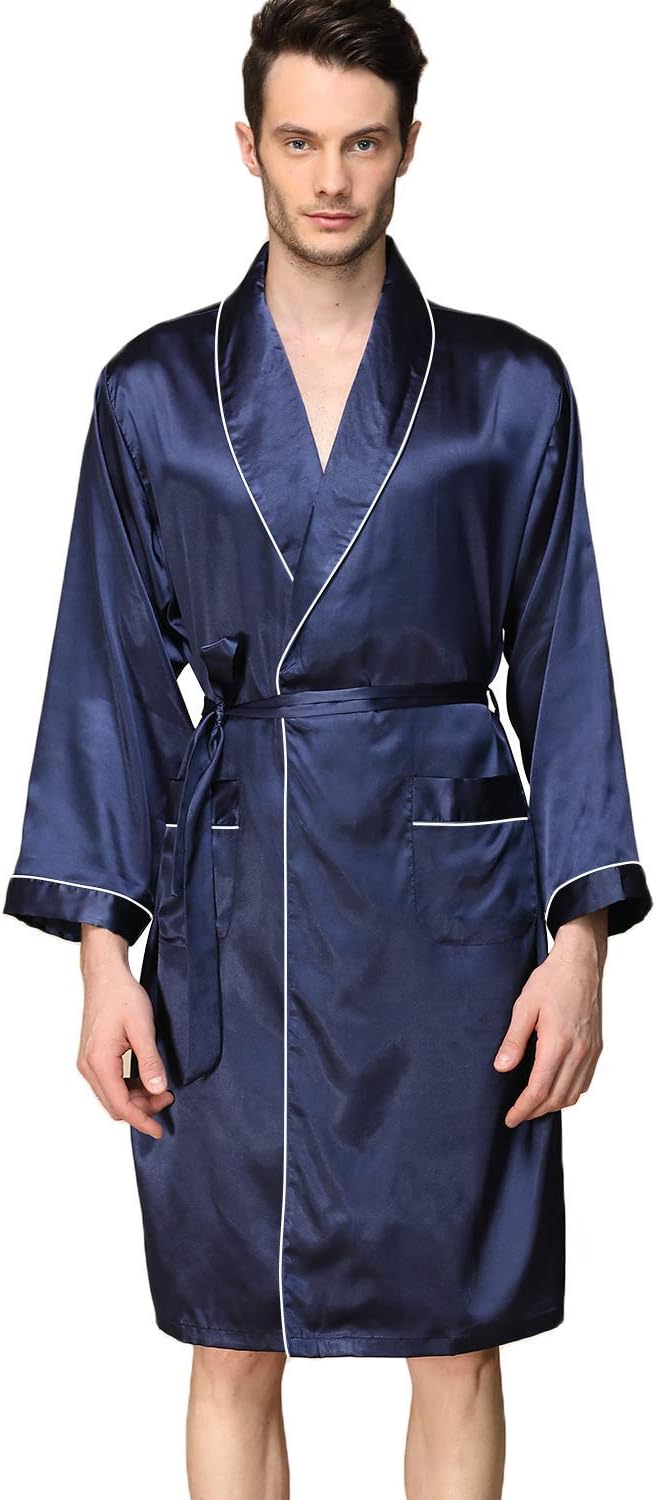 HaseilMen's Satin Robe Dragon Luxurious Silk Spa Long Sleeve House Kimono Bathrobe