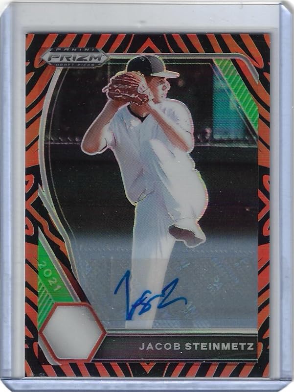 Jacob Steinmetz Autographed & Serial Numbered #18/25 Tiger Stripes Prizm Auto Short Print Collectible Baseball Card - 2021 Panini Draft Picks Prizm Baseball Card #PDP-77 (Diamonbacks)