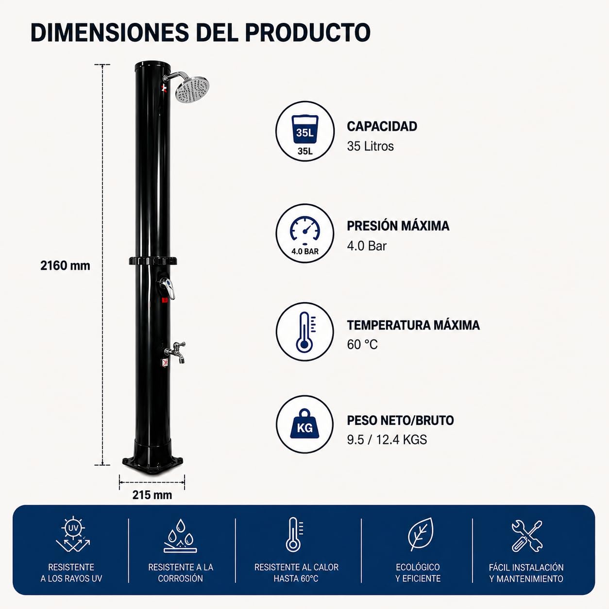 Ducha Solar Exterior 35 L jardín y Piscina con Mezclador y Grifo lavapiés – Depósito PVC Acero Inoxidable, Temperatura 60 °C, 216 cm, sin Electricidad