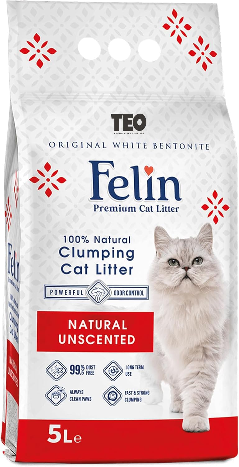 Felin Cat Litter Clumping 100% Natural Bentonite, Clumping 99.5% Dust Free, Forever Fresh, Pet-Friendly, Fighting with Odors Natural/Odorless Scented (5 L) Naturel / Unscented 5 LT