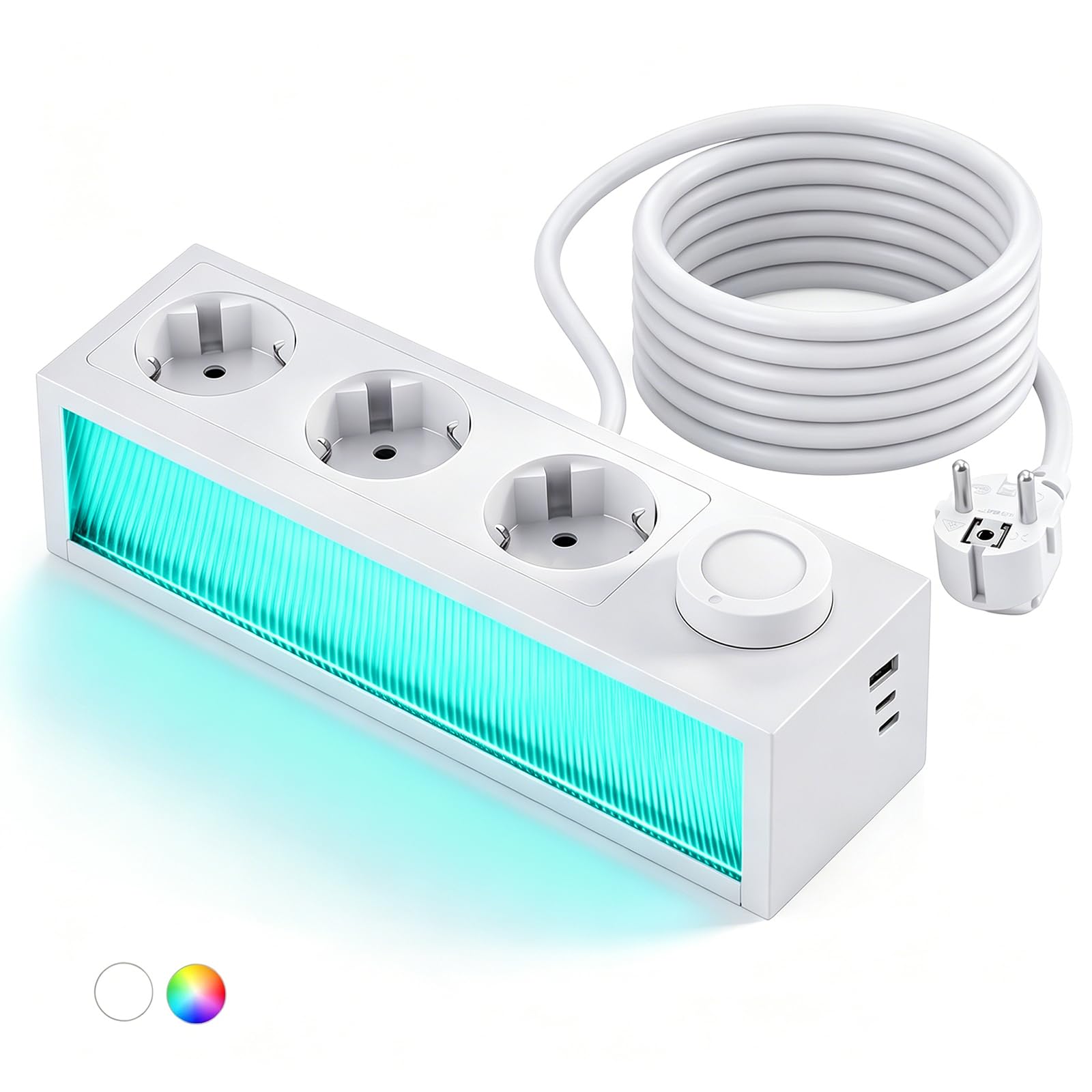 Listwa zasilająca z białym światłem RGB, 7 w 1 gniazdo wtykowe (3 gniazda, 3 USB), gniazdko + światło neonowe + lampka nocna, 3680 W, wtyczka wielokrotna z ochroną przed przepięciem, kabel 1,5 m, do