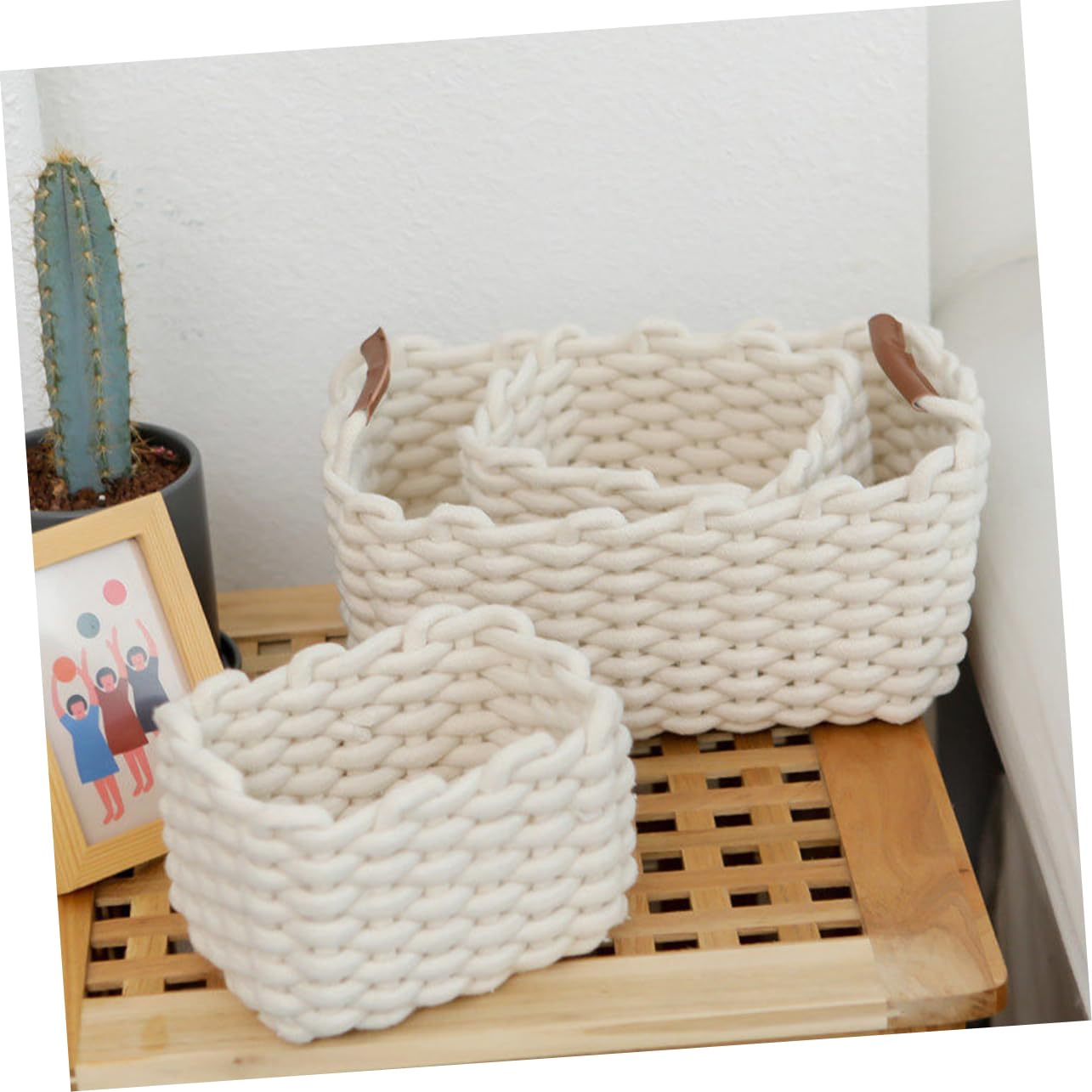 STOBAZA Cesta de Almacenamiento Tejida de Algodón, 1 Juego, white | Cuero y Cuerda de Algodón, Diseño Nórdico Sencillo, para Peine y Teléfono, Uso Doméstico Práctico y Cómodo