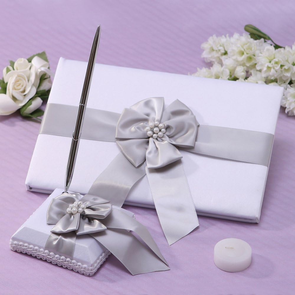 KateMelon Silver Pearl Flower Wedding Guestbook and Pen Set