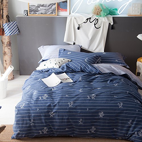 CocoQueenCocoQueen 100 Cotton 4pc Duvet Cover Set Solid Bedding Men Boys Dark Blue Simple Striped Full/Queen Size
