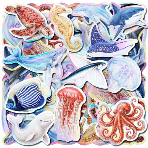 100 Pcs Ocean Holographic Waterproof Vinyl Stickers for Water Bottle Cool Under the Sea Animal Party Favors for Kids