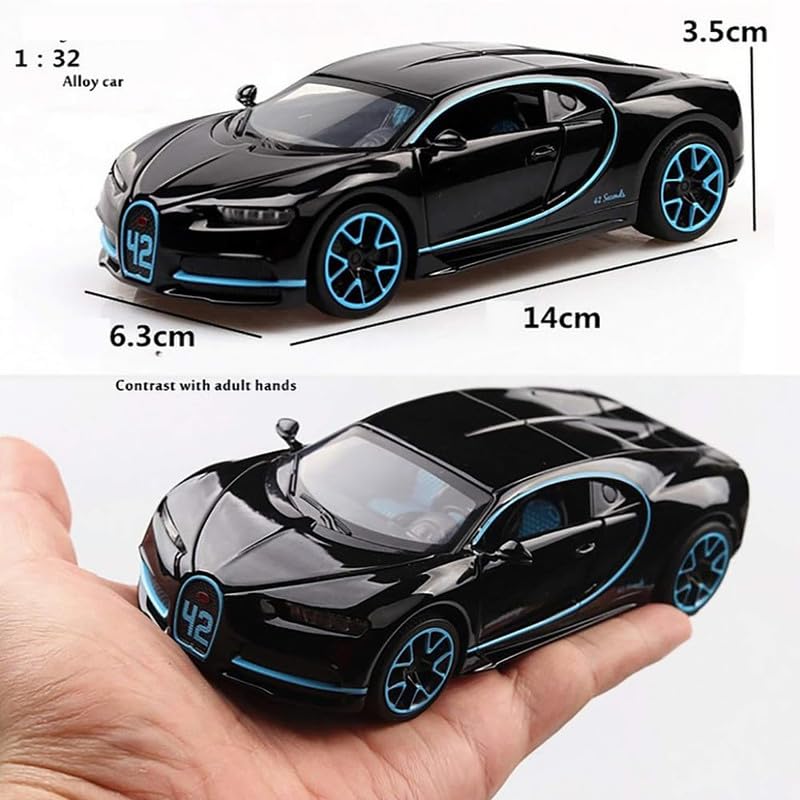 Image of New 1:32 Chiron Diecast Alloy Metal Pull Back Car with Openable Doors Music Sound and Light Vehicle Toy Car for Kids Boys (Blue)
