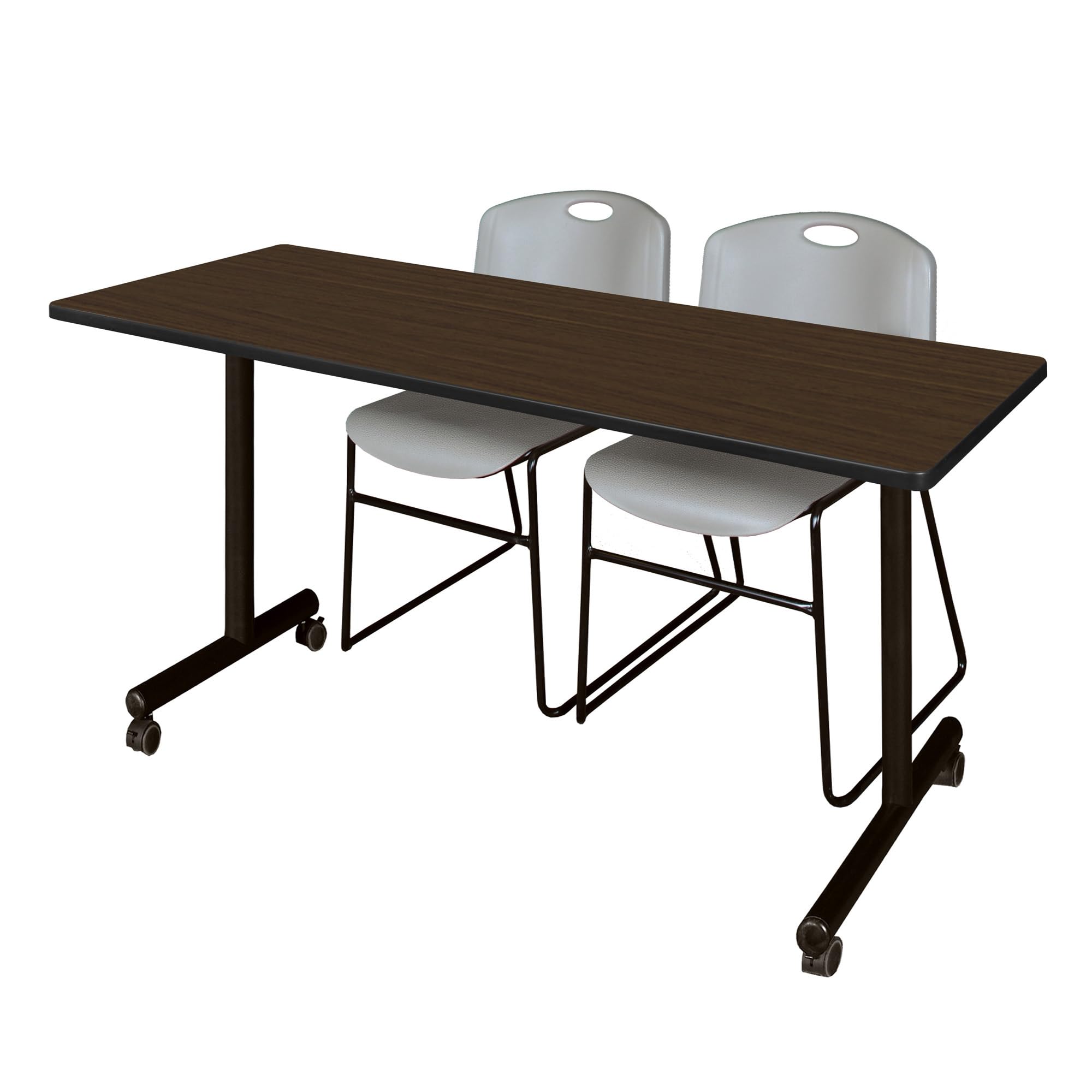 Regency Kobe 66 x 24 in. Mobile T-Base Training Table- Neo Walnut, 2 Zeng Stack Chairs- Grey