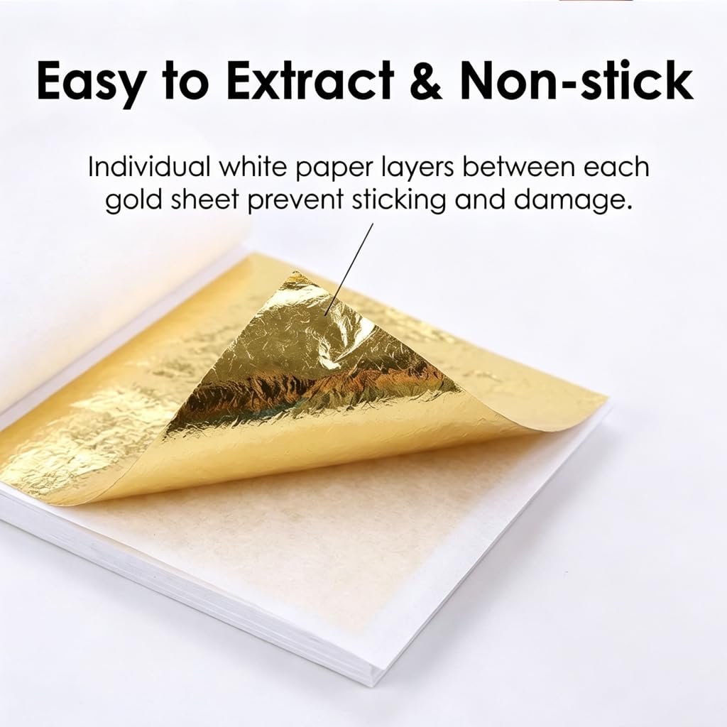 Juego de 300 hojas de imitación de oro con pinzas, lámina de oro de alta calidad para manualidades, papel dorado para manualidades, proyectos de arte, decoración, muebles, dorado, hoja de cobre