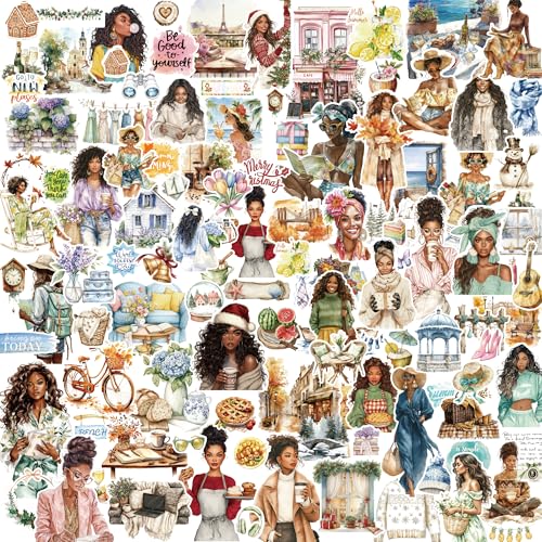Black Girl Sticker Book of Four Seasons - 24 Pages Hand Drawn Waterproof Vinyl Stickers for Journals Planners Scrapbooking Laptop & Water Bottles - Melanin Power Aesthetics Gift Ideas for Women