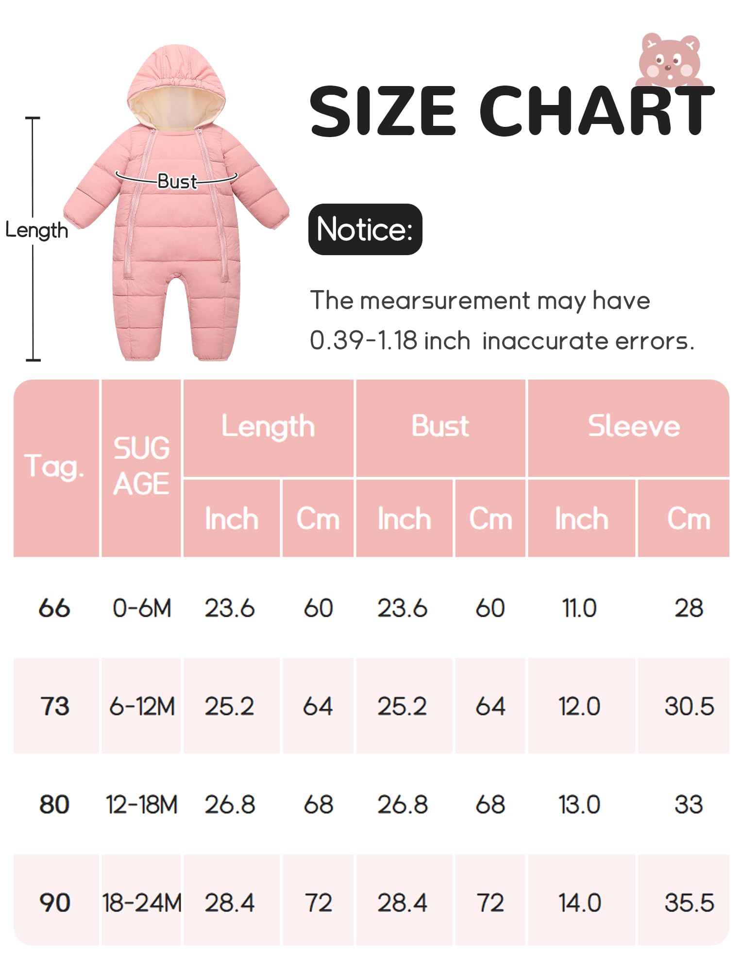 SEAUR Combinaison de Neige Bébé avec Pieds Barboteuse d'Hiver Doublée à Capuche Fermetures Éclair Nouveau-né Filles Garçons Tenues Chaudes 0 mois-24 mois