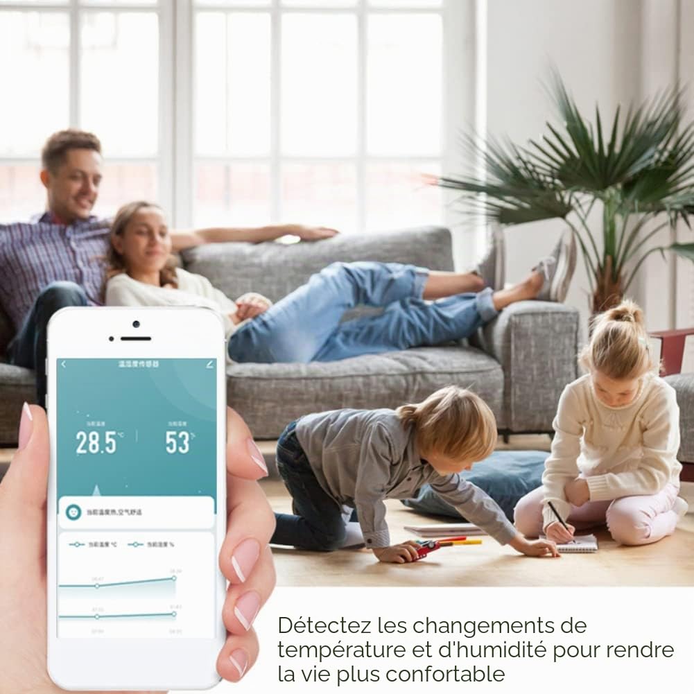 Thermomètre Hygromètre WiFi, Lot de 4 Tuya Détecteurs de Température et d'humidité WiFi Intelligents, Moniteur Intelligent de Température Ambiante Pour bébé, Domestique, Jardin, Bureau 70 x 24 x 19 mm
