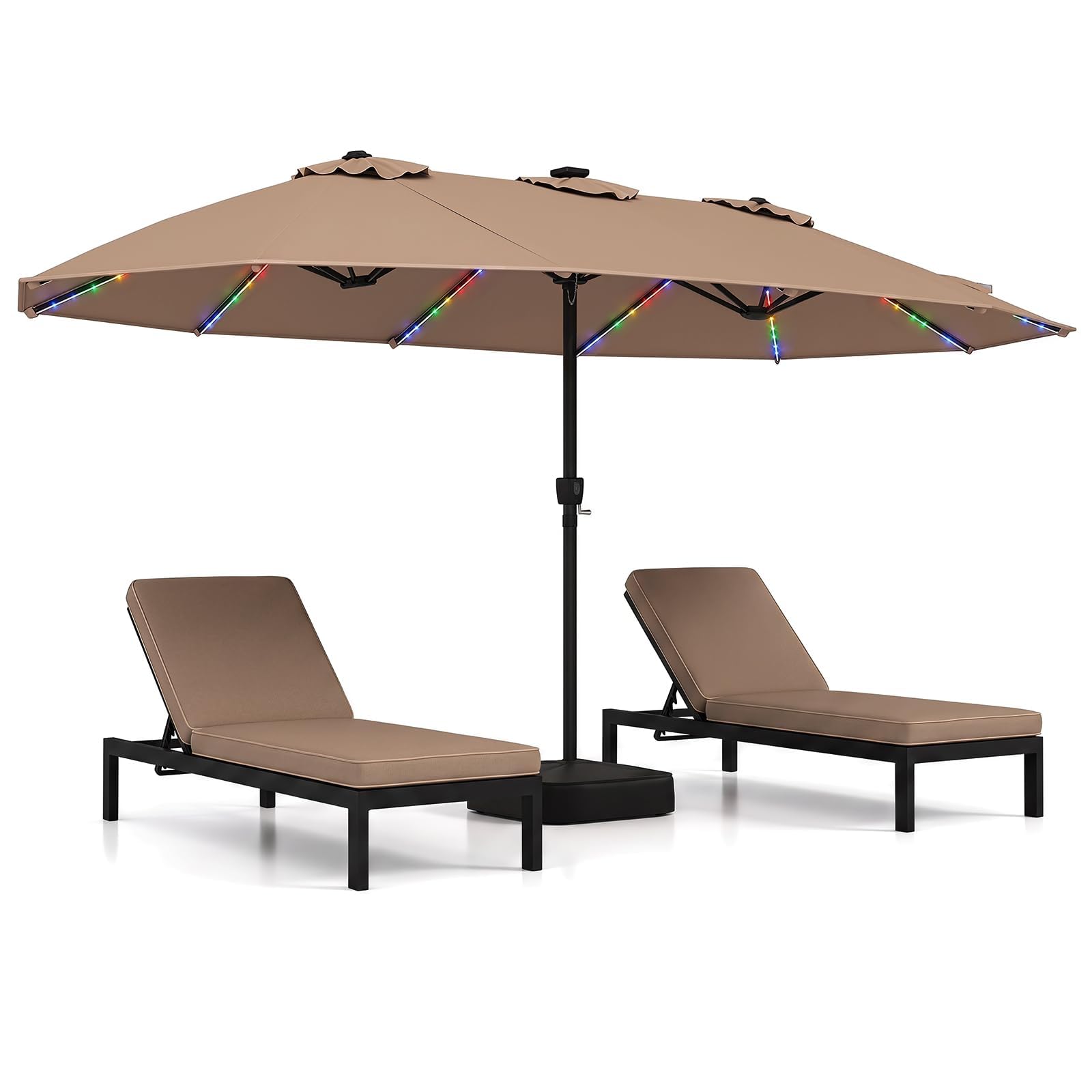COSTWAY 4m/4.7m Double Sided Garden Parasol, Extra Large Outdoor Sun Umbrella with Solar LED Lights, Crank Handle & Heavy Duty Base, Waterproof Market Canopy Shelter for Patio, Lawn (Coffee, 4.7m)