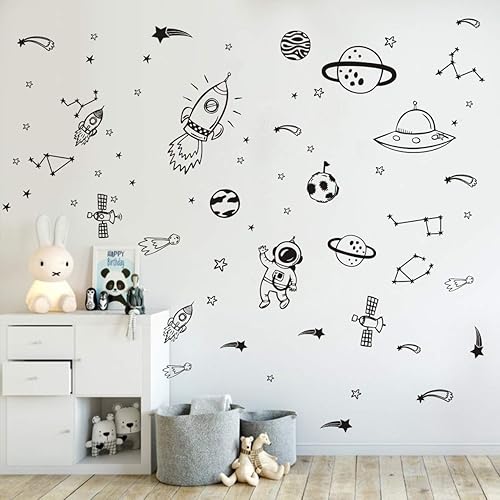 Decoración de pared para habitación de niños, arte del espacio exterior, estrella, cohetes, planetas, calcomanías extraíbles para decoración de