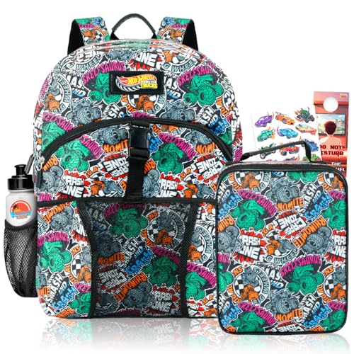 Hot Wheels Conjunto de mochila e lancheira para meninos – Pacote com mochila de carro de corrida de 41 cm, lancheira, garrafa de água, tatuagens, mais | Mochila escolar Hot Wheels para crianças
