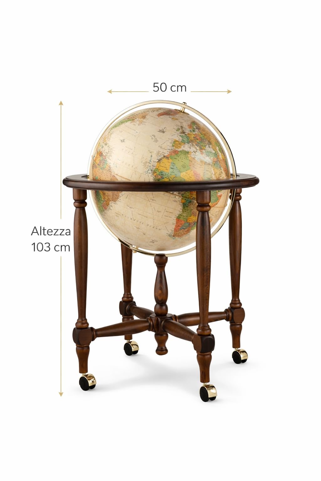 Mappamondo Luminoso da Terra, Stile Antico, Base in Legno di Faggio su Ruote, Diametro 50 cm, Altezza 103 cm Cinthia Antique - Progressio