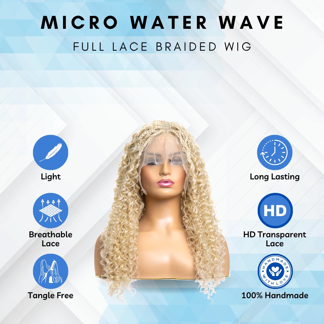 PIB Single Full Lace Braid Wig – Micro Water Wave Box Braided Wigs, Knotless Braided Wigs for Black Women, Curly Hair Wig (#613 Platinum Blonde, 26")