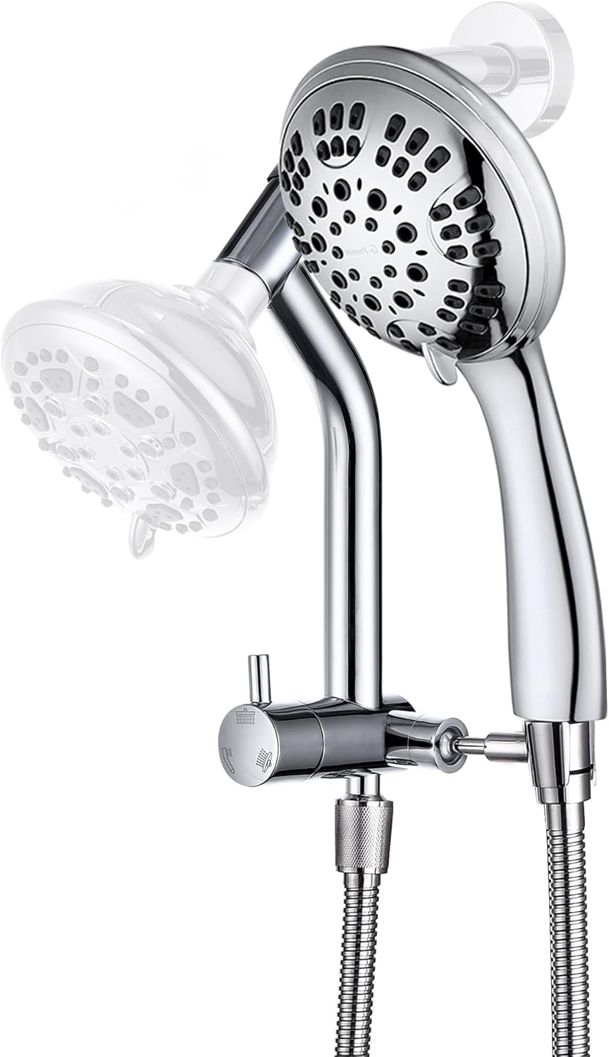 G-Promise High Pressure Shower Head with Extended Downward Holder, 6 Spray Setting with Adjustable Solid Brass Shower Arm Mount and Extra Long Flexible Stainless Steel Hose