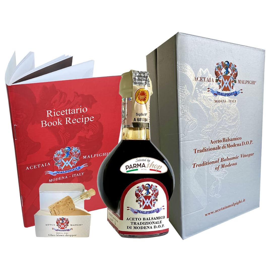 Selected by PARMAshop – Traditional Balsamic Vinegar of Modena – Minimum 12 Years Aged – by Acetaia Malpighi – with Glass Pourer & Recipe Book - Made in Italy