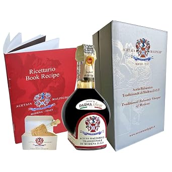 Selected by PARMAshop Traditional Balsamic Vinegar of Modena Minimum 12 Years Aged by Acetaia Malpighi with Glass Pourer & Recipe Book - Made in Italy