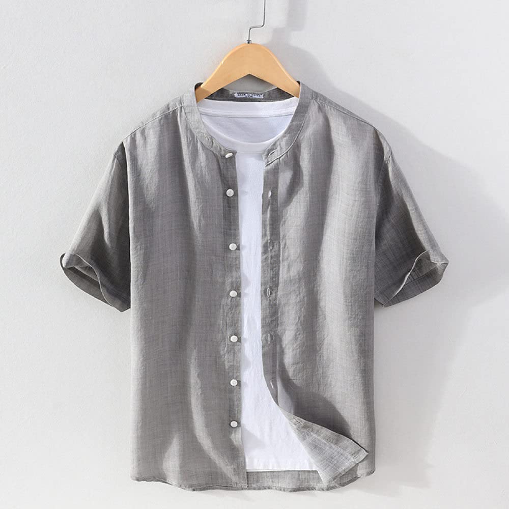 H3TF5J Chemises pour Hommes, Chemise hawaïenne d'été pour Hommes Gris Clair Vintage en Coton et Lin col Montant Chemise de Plage à Manches Courtes Bouton décontracté t-Shirt de fête à séchage