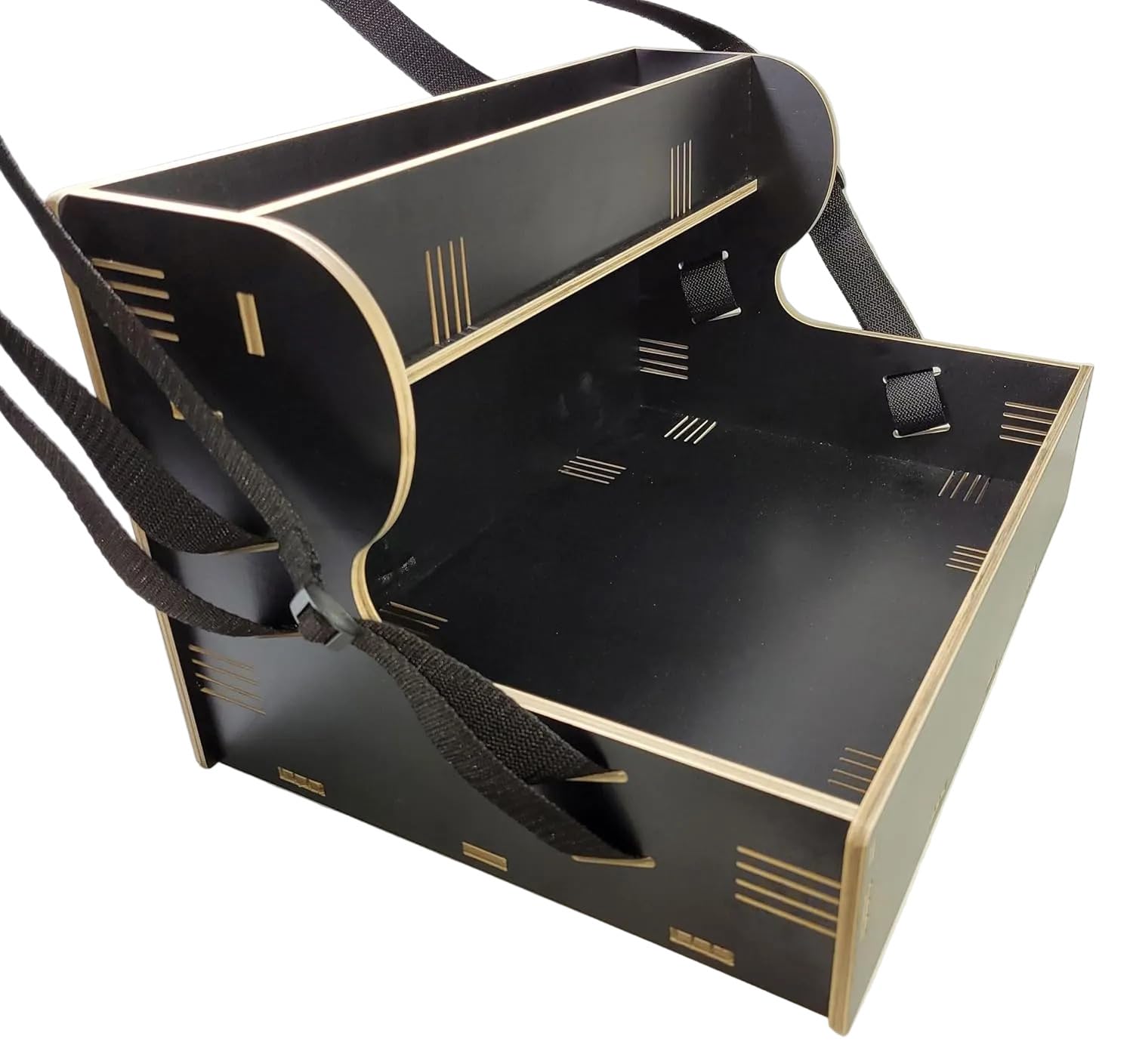 Nostalgie Holz Bauchladen schwarz/dunkelbraun mit Oberlade 2 Gurte JGA Fete Catering 42 cm x 30 cm mit schwarzen Tragegurten