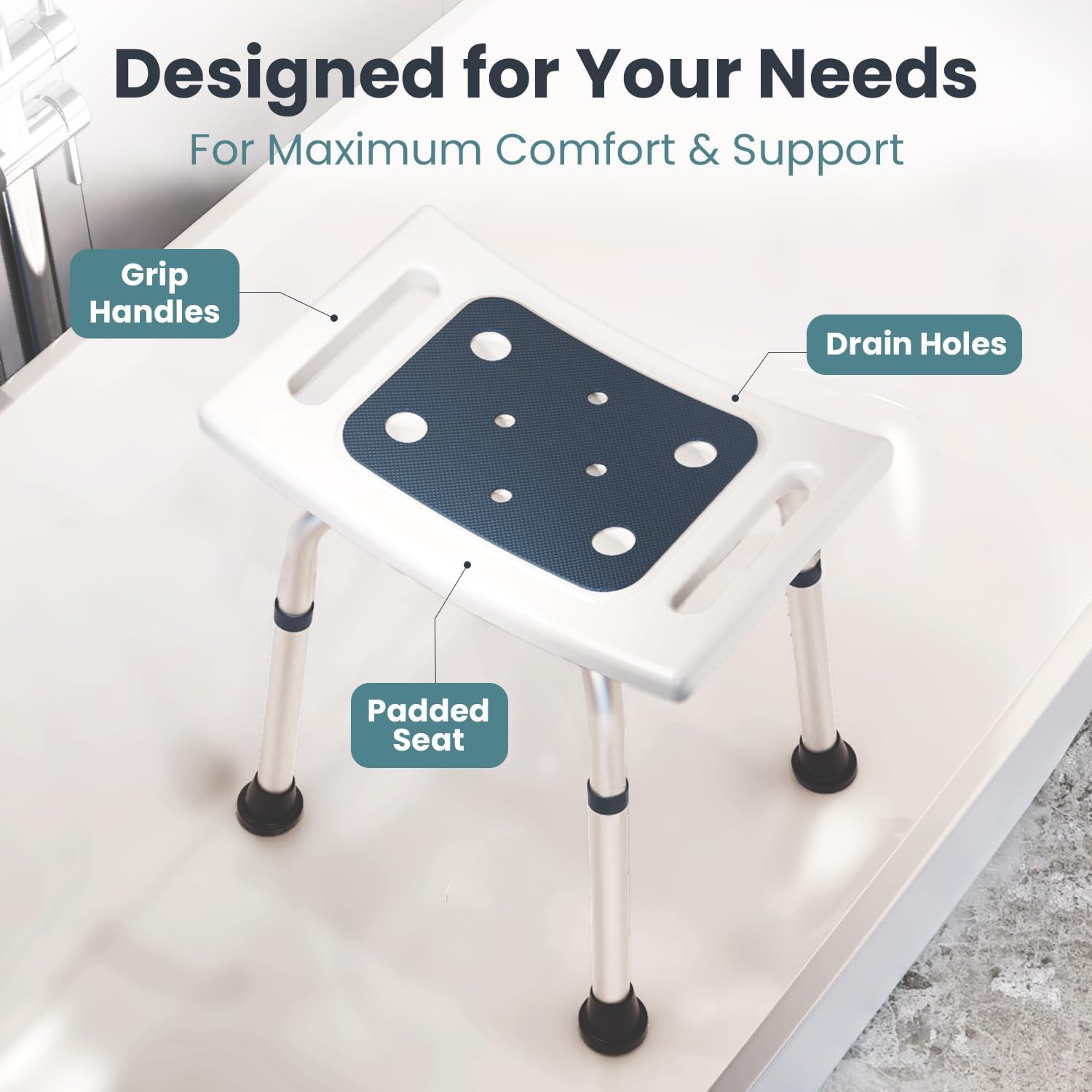 PELEGON Shower Chair for Inside Shower (350 lb) - Adjustable Height, Padded Seat, Shower Chair for Elderly and Disabled - Shower Chair for Adults, Tub Chairs for Bathtubs - Dark Blue