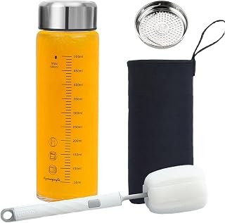 Glass Juice Bottles 20 oz - Wide Mouth Glass Water Bottles with Lids and Sleeve- for Juicing, Smoothies, Milk, Protein, Reusable, Stainless Steel Lids, Leak Proof, Shaker bottle (20oz/600ml)