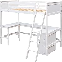 Vista 5 de Harper & Bright Designs Cama tipo loft individual con escritorio y 3 estantes, marco de cama tipo loft de madera maciza con escalera en ángulo