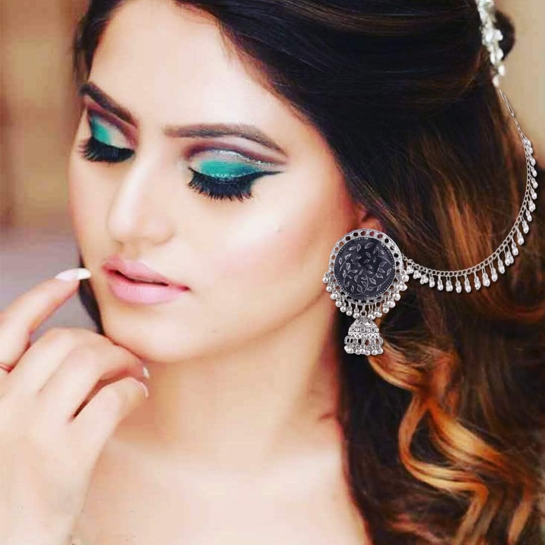 Traditional Bollywood Party- Wear Bahubali Fashion Handmade Oxidized Silver Plated Indian Dangle Chain Jhumki Jhumka Festival Earrings Black