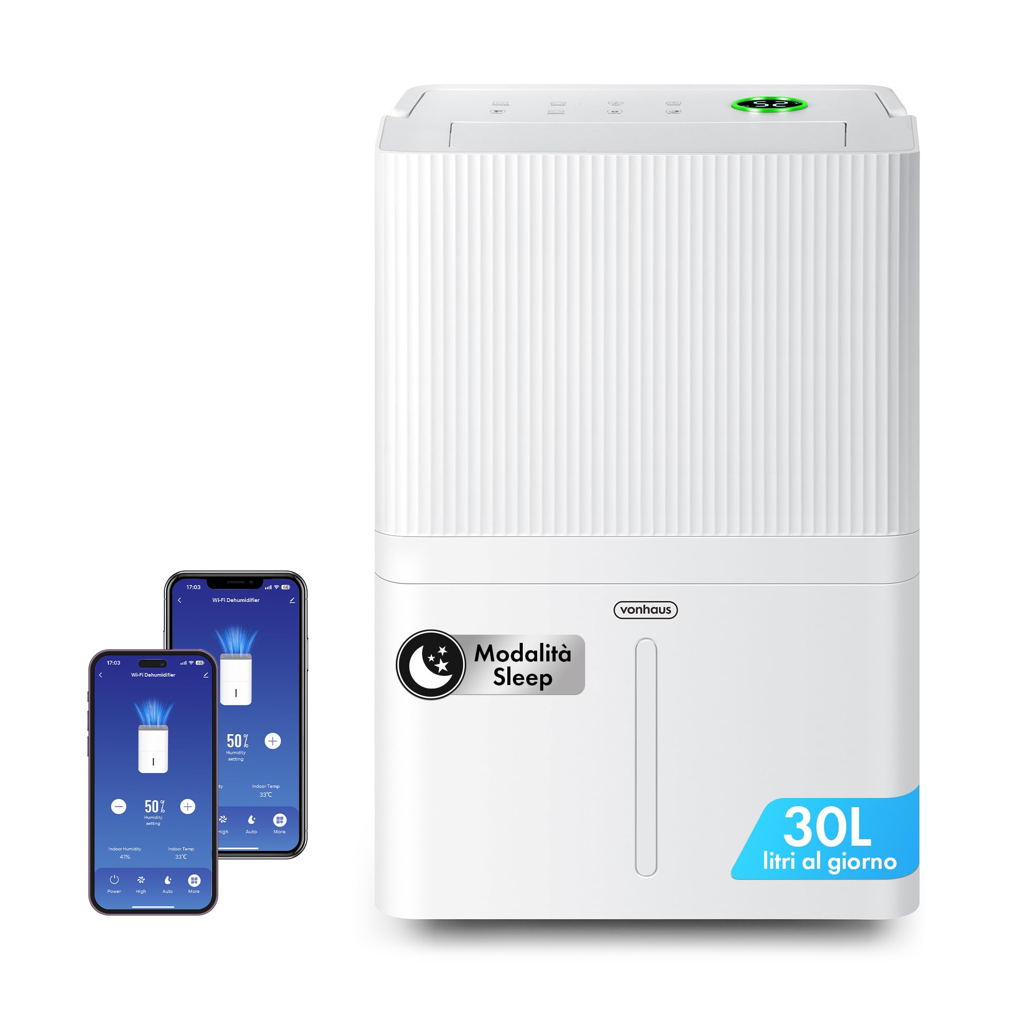 VonHaus Deumidificatore Casa 30L/Giorno con Serbatoio da 5,3L - Deumidificatore WiFi per Casa, Camera da Letto, Lavanderia - Rimuove Umidità, Condensa, Muffa e Odori - Asciuga il Bucato