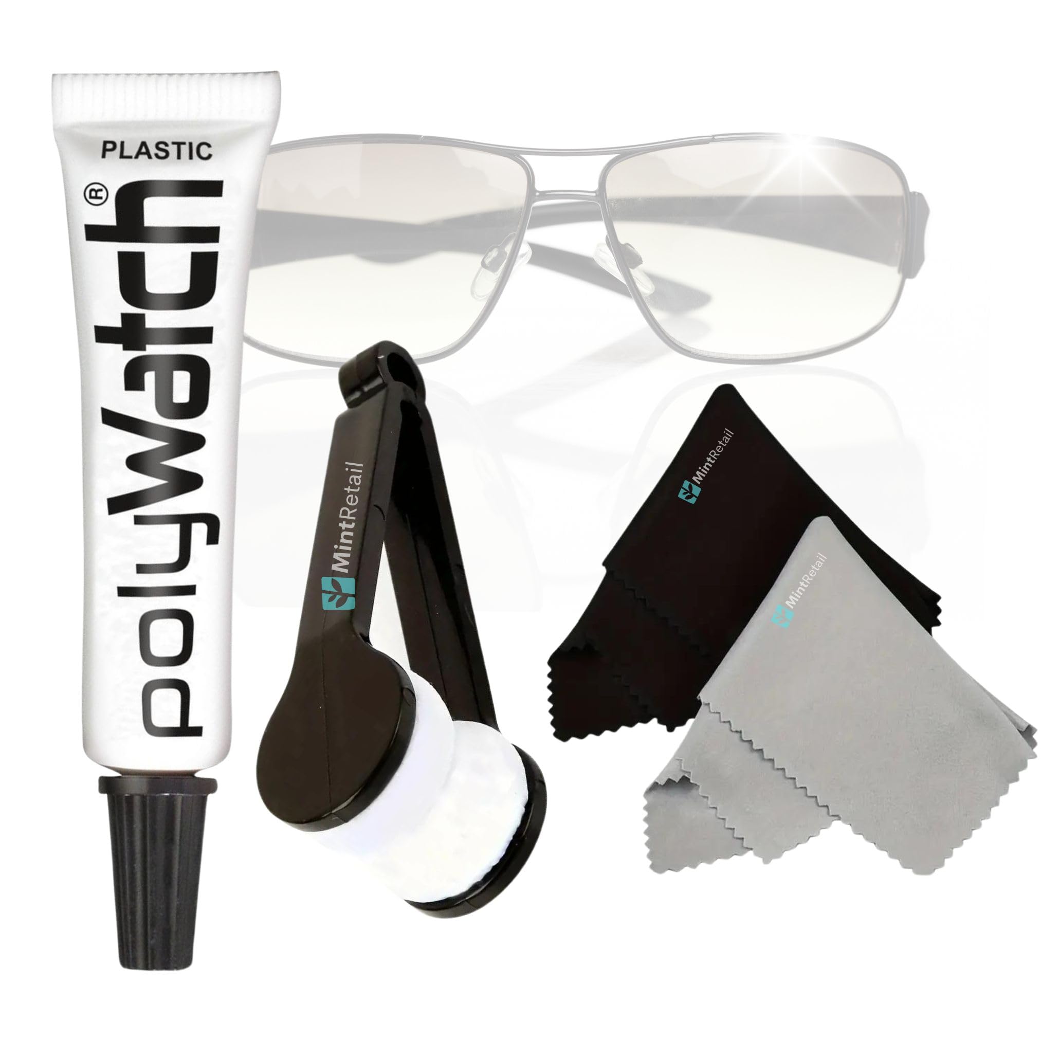 Mint RetailSunglass Scratch Remover Kit with Polywatch Plastic Lens Scratch Remover Including Mint Retail Lens Polishing cloths and Lens Buffing Pads for Scratch Free, Clear vision